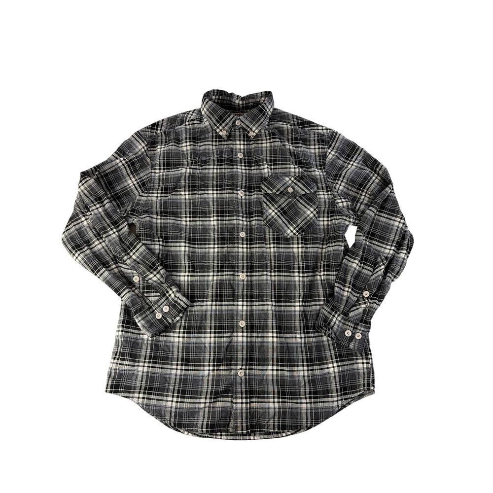 Duluth Trading Mens Button Front Shirt Medium Mountain Oxford Black Plaid Cotton